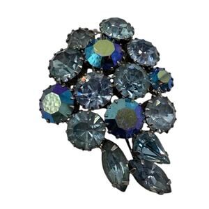 Vintage Karu Arke Blue Aurora Borealis Rhinestone Brooch - Mid-Century